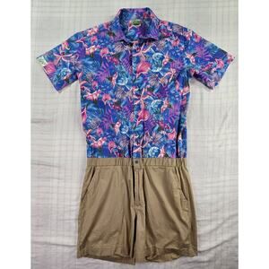 Zesties Mens Romper Tropical Leaves Neon Pink Purple Hawaiian Khakis M